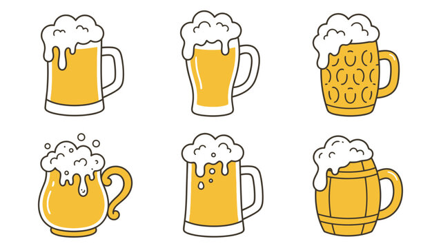 Set of cute hand drawn beer mugs with yellow liquid and white foam bubbles for pub menu design Vector
