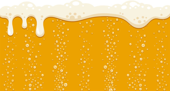 Fresh golden beer texture with bubbles and white foam dripping down in a close up view Vector