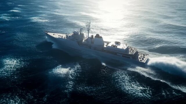 Aerial view of modern warship sailing through open ocean under bright sunlight with deep blue ocean