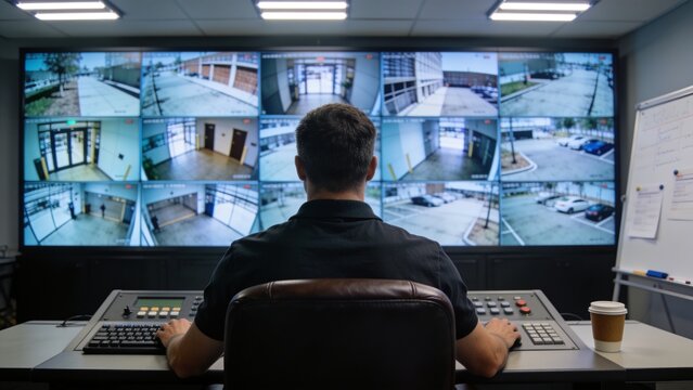 Modern surveillance control center with rear view of operator reviewing multiple digital security camera feeds.