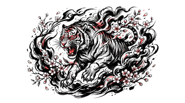 Japanese tiger tattoo art with cherry blossoms, traditional irezumi style roaring tiger illustration, black and white ink drawing with red accents