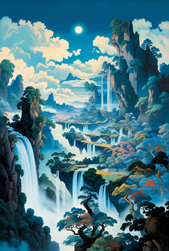 Generated conceptual japanese-style surreal fictional landscape illustration.