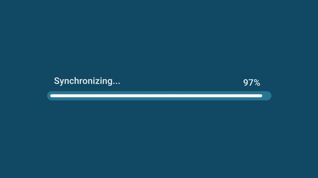 Animated motion graphics showing a thin white progress bar labeled "Synchronizing..." reaching 97% over a dark blue background. Represents a nearly completed data synchronization, cloud backup, device