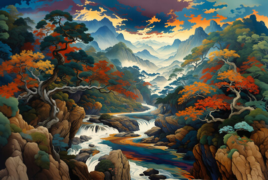 Generated conceptual japanese-style surreal fictional landscape illustration.