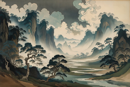 Generated conceptual japanese-style surreal fictional landscape illustration.