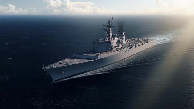 Massive warship cruising over vast ocean under bright sunlight with vessel sailing smoothly, horizon
