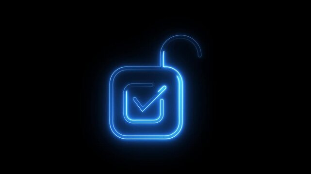 Neon blue padlock icon with checkmark symbol appearing on black background motion design.