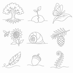 Obraz premium Minimalist continuous line art set featuring nature elements: rooted tree, sprouting plant, butterfly, bee with sunflower, snail shell, pinecone branch, feather, acorn, and fern frond icons.