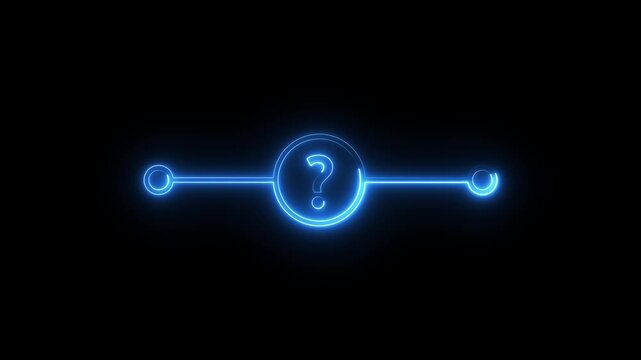 Neon blue question mark icon pulsating inside circular frame isolated on dark background.