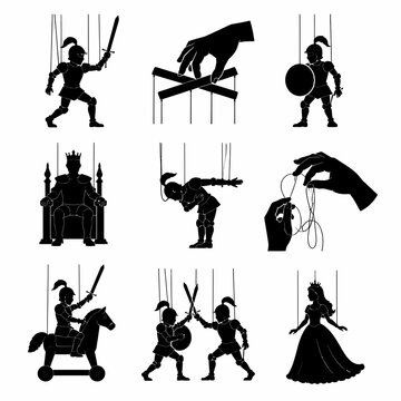 Black silhouette collection of marionette puppets featuring medieval knights, king on throne, princess, knight on hobby horse, and hands manipulating strings with control bars.