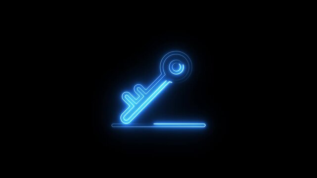 Neon blue key icon animation glowing against black background digital security sign concept.