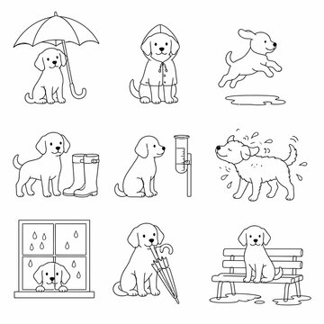 Nine line-art puppy illustrations depicting rainy weather scenes: umbrella use, wearing raincoat, jumping puddles, boots, rain gauge, shaking water, window view, and bench sitting.