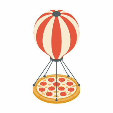 Isometric vector illustration of a whole pepperoni pizza attached to a red and white striped hot air balloon, depicting a creative fast food delivery concept isolated on white.