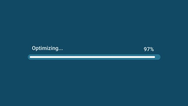 Animated motion graphics showing a thin white progress bar labeled "Optimizing..." reaching 97% over a dark blue background. Represents a nearly completed system performance tuning, file compression,