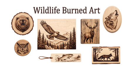 Fototapeta premium Wildlife burned art collection set with forest animal pyrography wood slices and plaques, realistic object collection on transparent