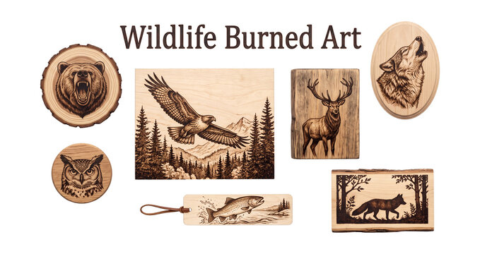 Wildlife burned art collection set with forest animal pyrography wood slices and plaques, realistic object collection on transparent