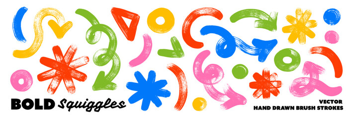 Obraz premium Colorful funky bold squiggle arrow, asterisk and dot set. Curved marker lines, curly brush arrows. Bold funky geometric shapes. Squiggle thick lines, curly strokes for banner, print or collage.