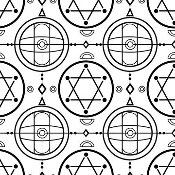 Geometric pattern with circular and triangular shapes on white background.