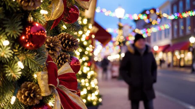 Christmas decorations on urban street with blurred people at night