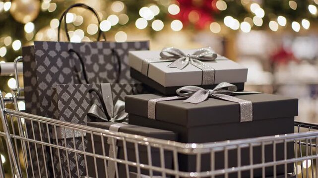 Christmas gift boxes and bags in a shopping cart