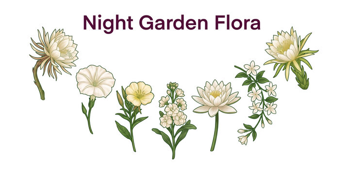 Night garden flora set featuring realistic night blooming cereus moonflower primrose and water lily isolated on transparent background