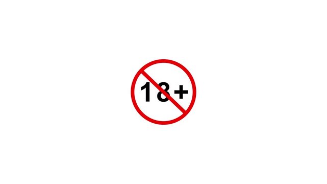 18 plus icon sign animation on white background. Under 18 sign warning symbol. Over 18 only censored. Eighteen age older 4K video.