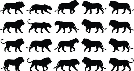 Fifteen black lion silhouettes in various walking and stalking poses, isolated on a white background, for and © GR Graphics
