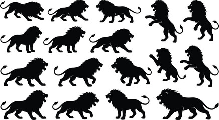 Set of fifteen black lion silhouettes in dynamic walking, roaring, and rearing poses, isolated on a white background for © GR Graphics
