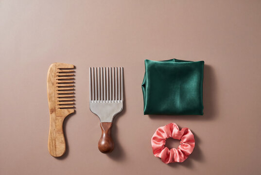 Wide tooth comb, afro pick, satin bonnet and scrunchie flat lay, hair care for every texture, copy space