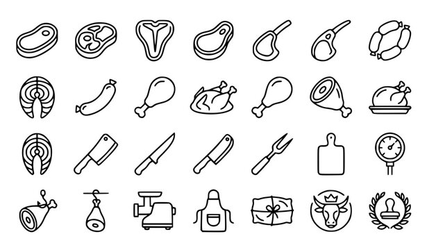 Meat Cuts Butchery Tools and Cooked Poultry Line Art Icon Collection Editable Vector