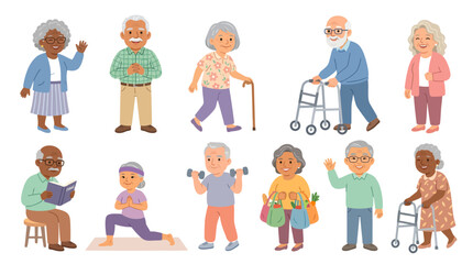 Fototapeta premium Friendly senior citizen character collection featuring elderly men and women walking, waving, using walking aids and smiling