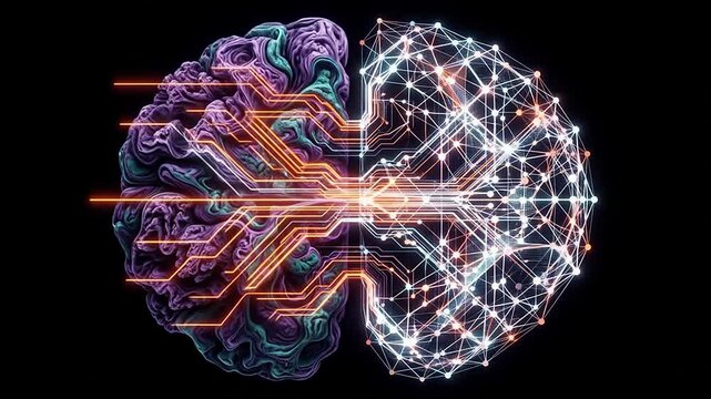 Human brain split between organic tissue and digital circuits.