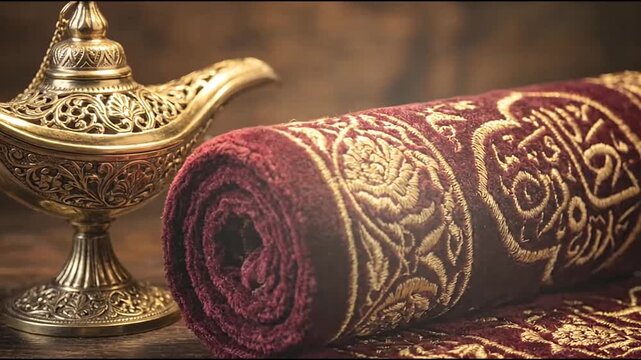 Golden ornate oil lamp and rolled prayer rug