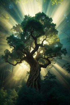 Generated artificial illustration of a tree in the jungle against the morning sunrays.