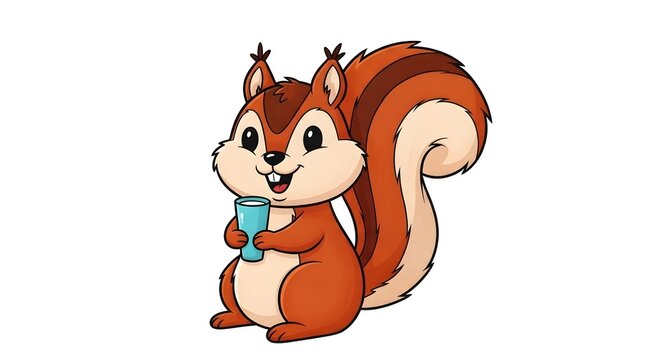 cute brown squirrel holding blue glass cartoon animal with fluffy tail and happy expression