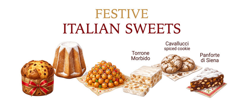 Festive Italian sweets set featuring pandoro torrone and struffoli holiday treats isolated on transparent background