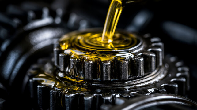 Engine gear lubrication oil pouring on metal cogwheel. Industrial transmission machine rotating with golden liquid maintenance. Automotive mechanism technology working in slow motion.