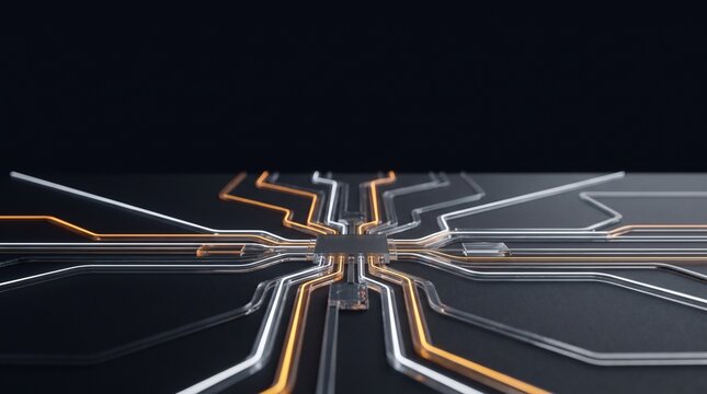 Futuristic photonic microchip with glowing optical circuit pathways and laser light traces on dark background, concept for quantum computing, optical processing, artificial intelligence, and high-spee
