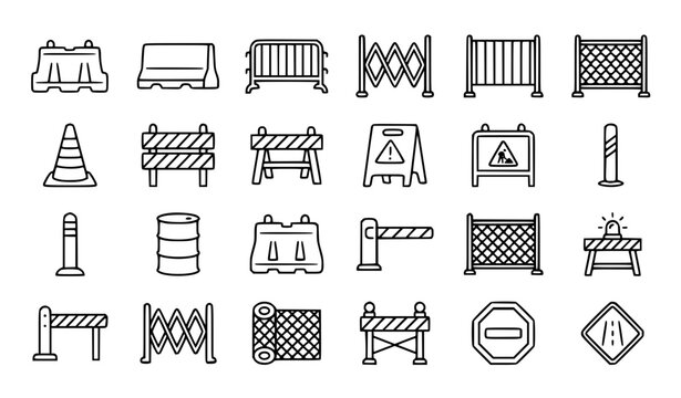 Road Barrier Icons Collection for Construction Traffic Control and Fencing Vector
