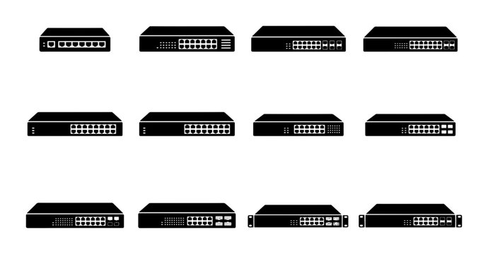 Network Switch Icons, Ethernet Hub Vector Set, Computer Networking Equipment Collection, Data Center Hardware Graphics