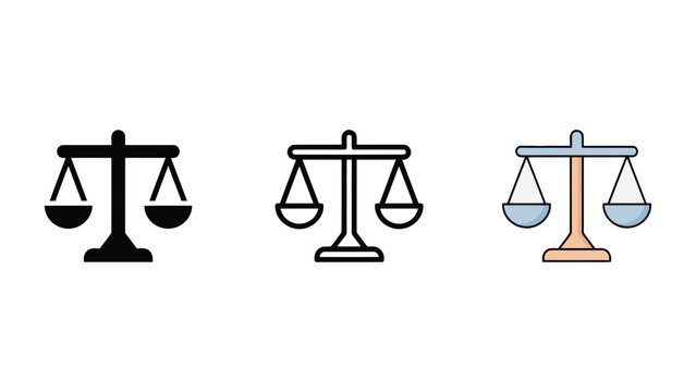 Balance scale icon set, justice and equality symbol in solid and outline styles for law and fairness.
