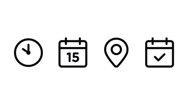 Time address and date icon set vector. Clock location and calendar icons collection for event calendar reminder business or meeting schedule