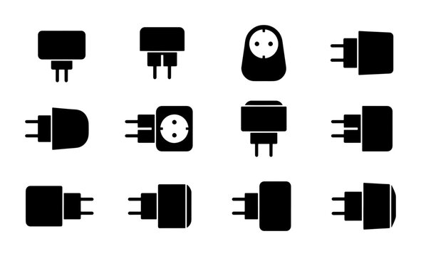 Electrical Plug Adapters, Travel Converters, Power Connectors Set, Universal Socket Icons, Black Silhouette Vector Graphics