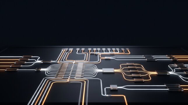 Futuristic photonic microchip with glowing optical circuit pathways and laser light traces on dark background, concept for quantum computing, optical processing, artificial intelligence, and high-spee