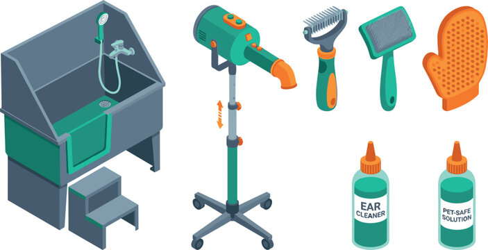Vector isometric pet grooming set with washing tub stand dryer deshedding brush grooming glove and cleaner bottles