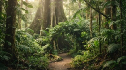 Fototapeta premium A sun-dappled jungle path winds through lush, verdant rainforest foliage with a massive tree in the background.