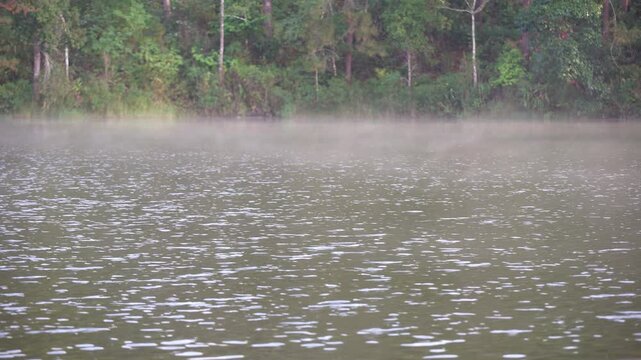 Pang Ung in Pang Tong Reservoir Royal Forest Park has cool mist or fog floating and flowing above lake or river water in mornings at Tham Pla National Park Pha Suea Waterfall in Amazon Asia Thailand