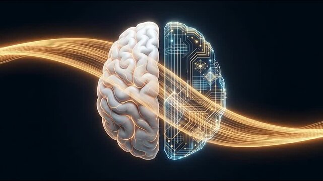Human brain split with organic and digital circuit halves