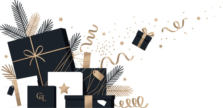 Vector luxury black and gold Christmas gift boxes with pine branches ribbons stars confetti and present tags