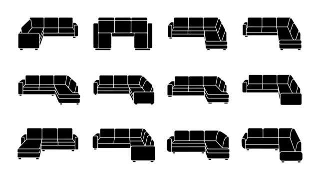 Sectional Sofa Configurations, Modular Couch Designs, U-Shape and L-Shape Furniture Layouts, Black Vector Icons for Interior Design and Home Decor Planning
